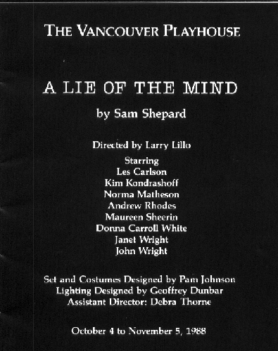 A Lie of the Mind, Vancouver Playhouse Program, 1988